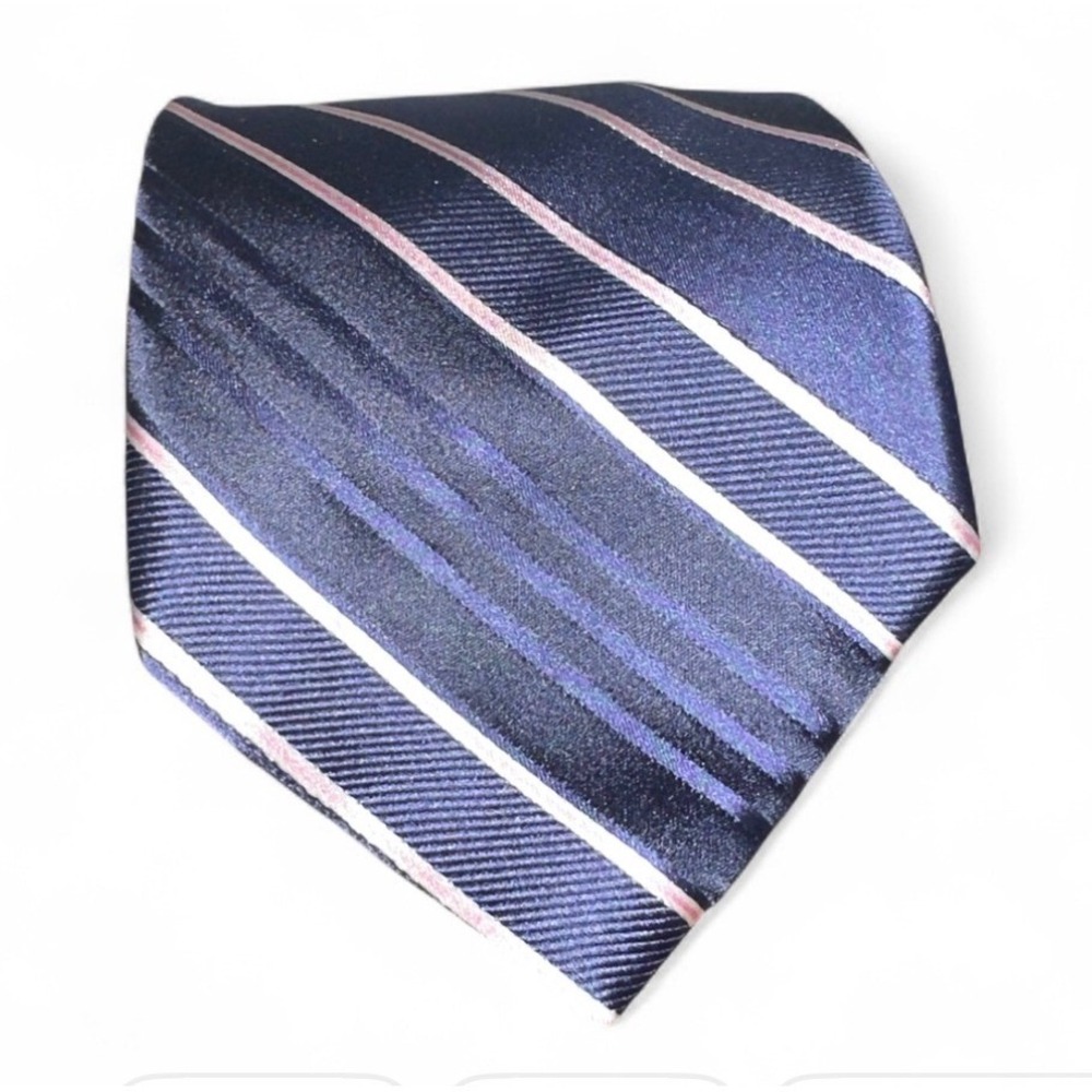 Valentino Mens Silk Striped Tie Navy Pink Made in Italy Luxury Necktie